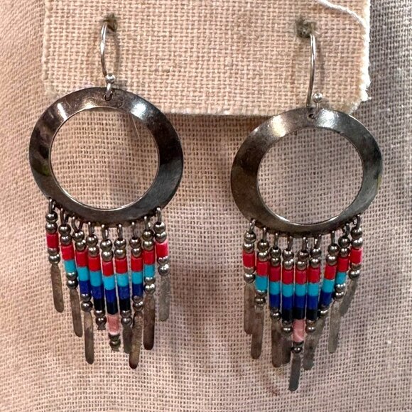 Vtg Sterling Multi Gemstone Southwestern Drop Dangle Earrings Turquoise Coral - Picture 2 of 7